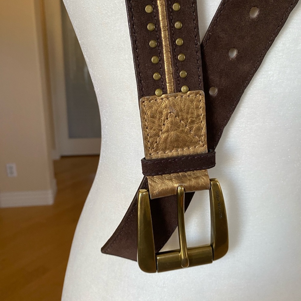 Michael Kors Brown Suede Belt with Brass Buckle and Studs Unisex - Picture 4 of 7